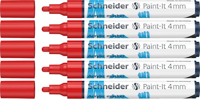 Detalle de Schneider Paint-It Acrylstifte 120202 im 5er Pack, rot – deckender Acrylmarker mit 4 mm Rundspitze