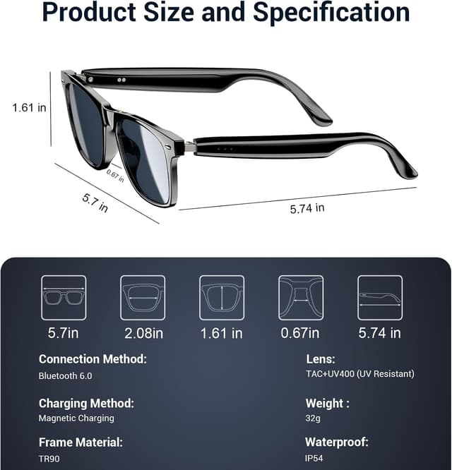 Detalle de Blackview Smart Glasses (Bluetooth 5.3) Polarized Sunglasses with Speaker, Voice Control, UV Protection, Anti-Blue Light