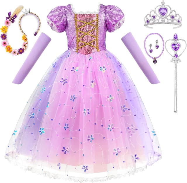 Detalle de AOOWU Prinzessin Kleid für Mädchen „Rapunzel“ (lila) inkl. Krone, Perücke & Zauberstab – Karneval, Halloween, Geburtstag