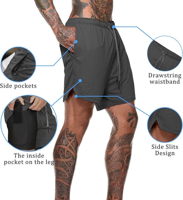 Detalle de Aisprts pantaloncini palestra uomo 2 in 1 con fodera in rete e 4 tasche