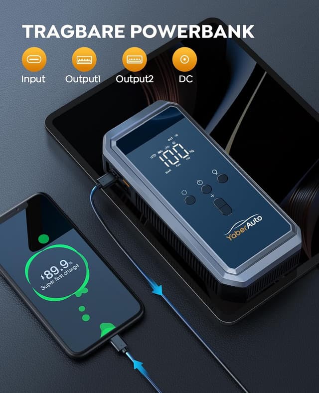 Detalle de YaberAuto 5000A Auto Starthilfe (YA70) mit LCD, 21.800 mAh Powerbank und 150 PSI Kompressor