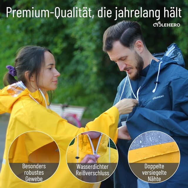 Thumbnail 6 de CYCLEHERO Regenponcho fürs Fahrrad extra wasserdicht mit Reflektoren und Sichtfenstern – Regencape für Damen und Herren