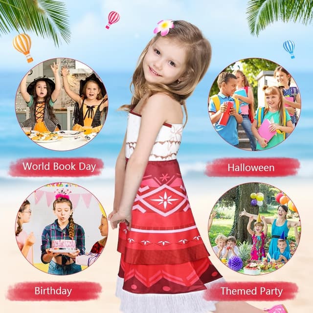 Thumbnail 6 de AUYAO Kinder Prinzessin Mädchen Kostüm-Set (4-teilig) im Vaiana-/Sommerkleid-Look inkl. Blumenkranz & Zubehör