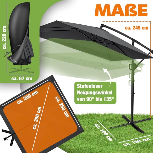 Detalle 2 de KESSER® Kurbelschirm Sonnenschirm 250x250 cm mit Kurbel, 360°-Funktion und UV-/Wasserschutz (Anthrazit)