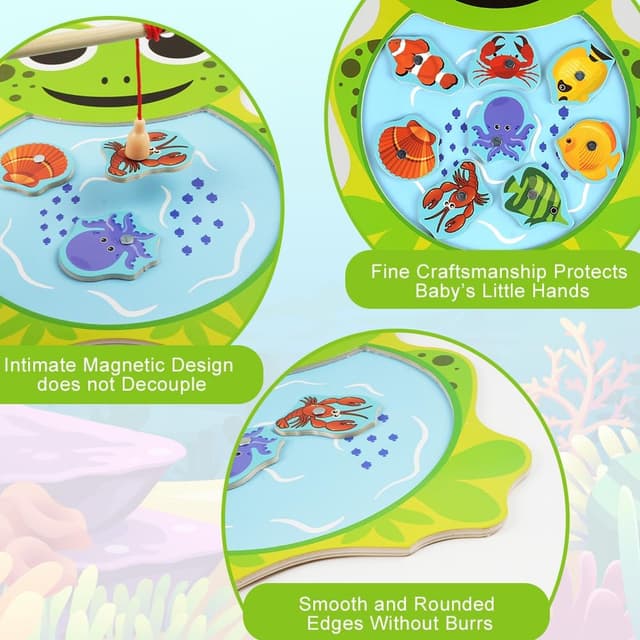 Detalle de Vicloon set pesca magnetica in legno con 10 pesci e 2 canne da pesca