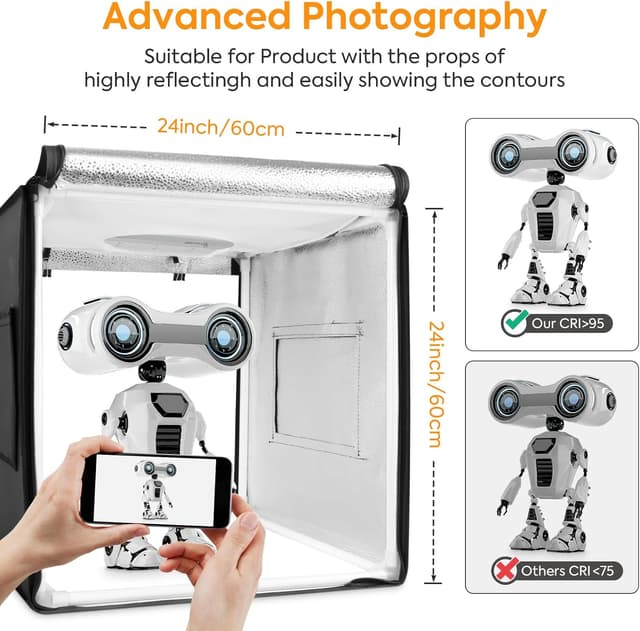 Detalle de Huzofexo Professional Dimmable Shooting Tent Kit with CRI98 LED Light and 6 Backdrops (60cm) – Rotatable light box photo studio