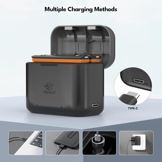 Detalle de melasta Wiederaufladbarer Lithium-Akku für Insta360 X3 (2er Set) inkl. 2-Kanal USB‑C Ladegerät