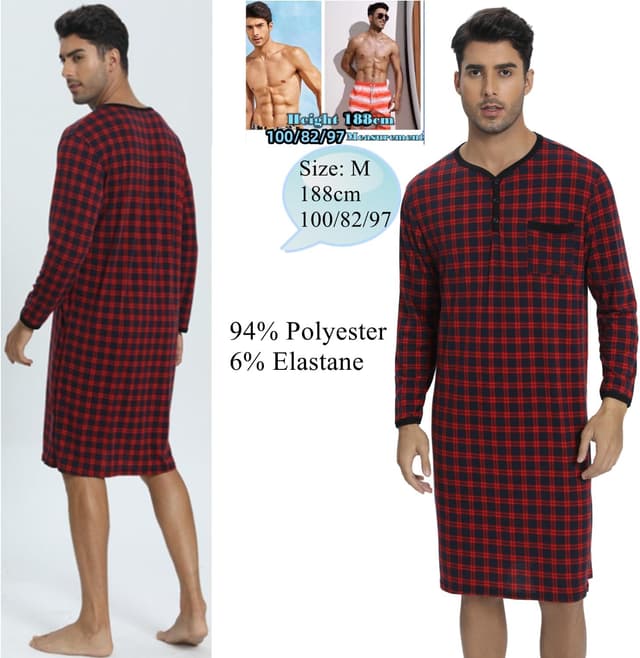 Detalle de Yukiuiny Herren Langarm-Nachthemd knielang aus Jersey (Baumwolle/Spandex), weich & luftig fürs Schlafen und Krankenhaus