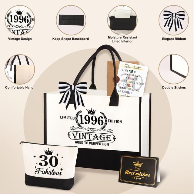 Detalle de Giftota Set zum 30. Geburtstag für Frauen: Vintage „1996“ Canvas-Tragetasche, Kosmetiktasche & Grußkarte