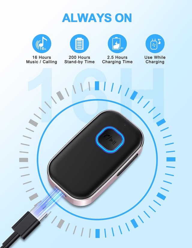 Detalle de COMSOON Bluetooth AUX Adapter (3.5mm) with CVC8.0 Noise Reduction, 16H Battery Life, Dual Connection (Black+Pink)