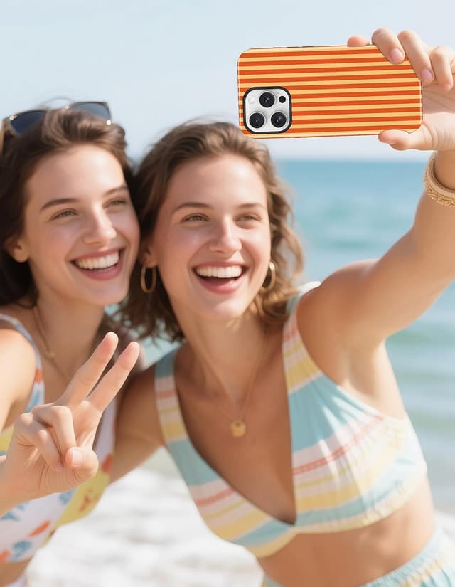 Thumbnail 6 de Jusy Magnetische Handyhülle für iPhone 16 Pro Max – gestreiftes Sommer-Design mit MagSafe und 2-teiliger Stoßschutz-Bumper Case (Orange)