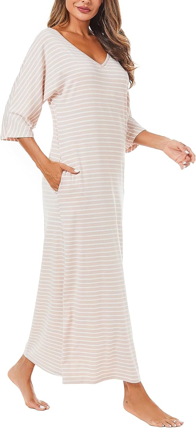 Detalle de Uniexcosm Chemise de nuit longue en coton pour femme, col en V et poches latérales