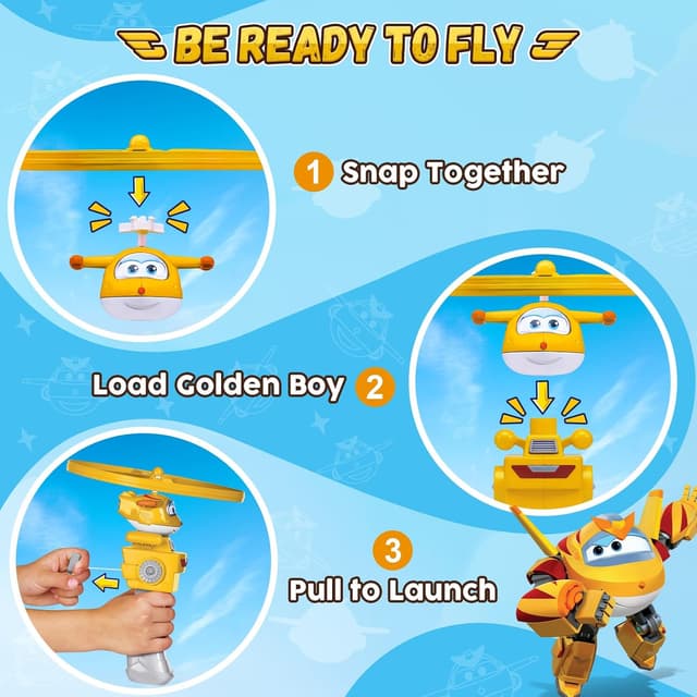 Detalle 2 de Super Wings Golden Boy Fliegendes Spielzeug – Flying Disc Launcher für draußen (3–8 Jahre, Gold)