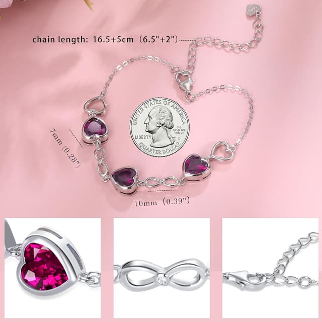 Detalle de Qings 925 Sterling Silber Geburtsstein-Armband „Infinity Heart“ mit 3 Herzen & Herz-Zirkonia, verstellbar