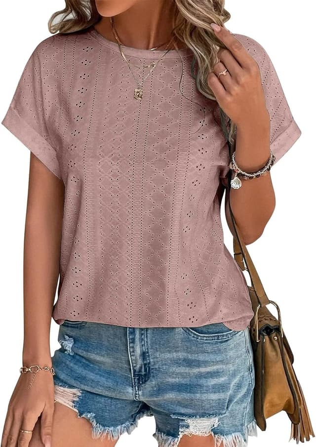 Thumbnail 6 de Cuptacc Damen-T-Shirt/Bluse mit Lochstickerei, Kurzarm und Fledermausärmeln