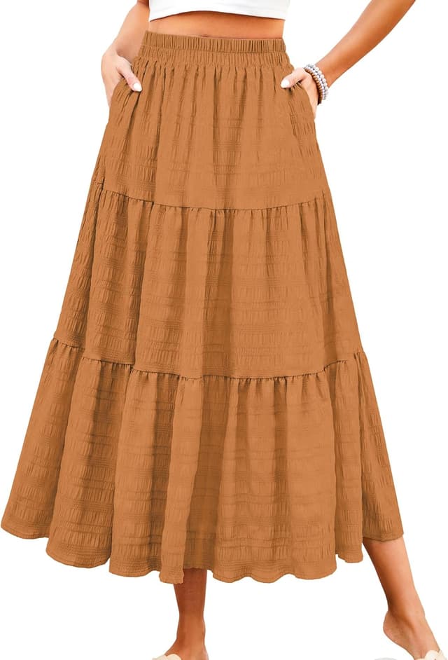 Thumbnail 6 de HUSKARY Women’s Tiered Smocked Maxi Skirt with Pockets (High-Waisted, A-Line, Flowing Layered Look)