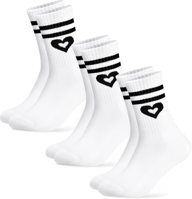 Detalle de Niofind Calzini da tennis da donna alti (3 paia) con cuore, bianchi e neri, comodi per corsa e tutti i giorni