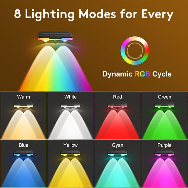 Detalle de Solar Fence Lights Outdoor (4 Pack) – RGB Wall Lights, 9 Modes, IP65 Waterproof