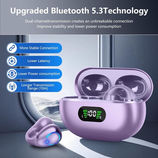 Detalle de dufiga Ultra Open Ear Bluetooth 5.3 Clip-On Earbuds (Purple) with Digital Display Charging Case