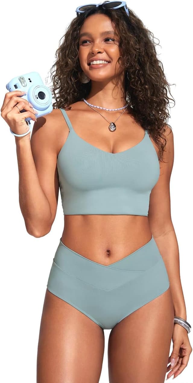 Detalle de CRZ YOGA costume da bagno donna con slip a vita alta incrociata davanti, copertura totale