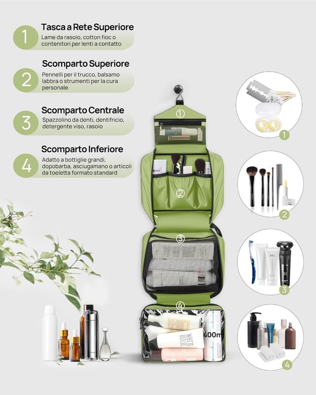 Detalle de Carttiya Beauty Case da viaggio grande impermeabile con gancio in metallo, verde chiaro