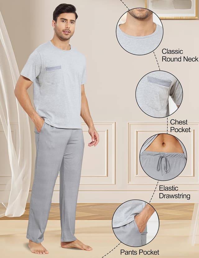Detalle 2 de Reliwel Herren-Schlafanzug aus Baumwolle (zweiteilig) mit Raglan-Langarmshirt & Schlafhose mit Tasche