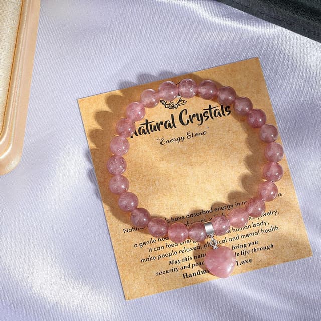 Detalle de Sahoottie Herz-Armband aus Erdbeerquarz (8 mm Perlen) für Damen – Geschenkbox inklusive