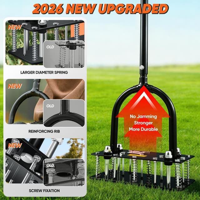 Detalle de Saker Lawn Aerator Tool with 15 iron spikes – automatic spring-loaded lawn aeration for patio, yard and garden