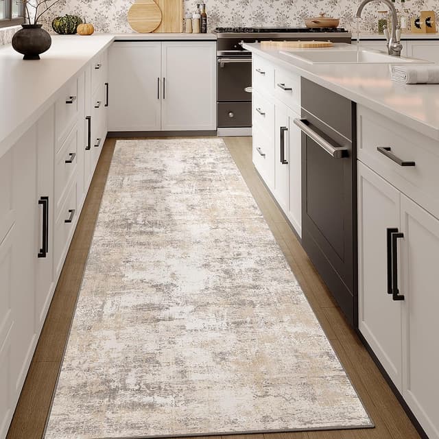 Detalle de HUGEAR waschbarer Läufer Teppich für den Flur 60 x 240 cm Beige-Grau – kurzflorig, rutschfest