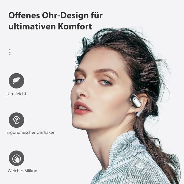 Detalle de EUQQ Open Ear Kopfhörer 50 Std kabellos (Bluetooth 6.1) mit flexiblen Ohrhaken und 4× ENC Mic