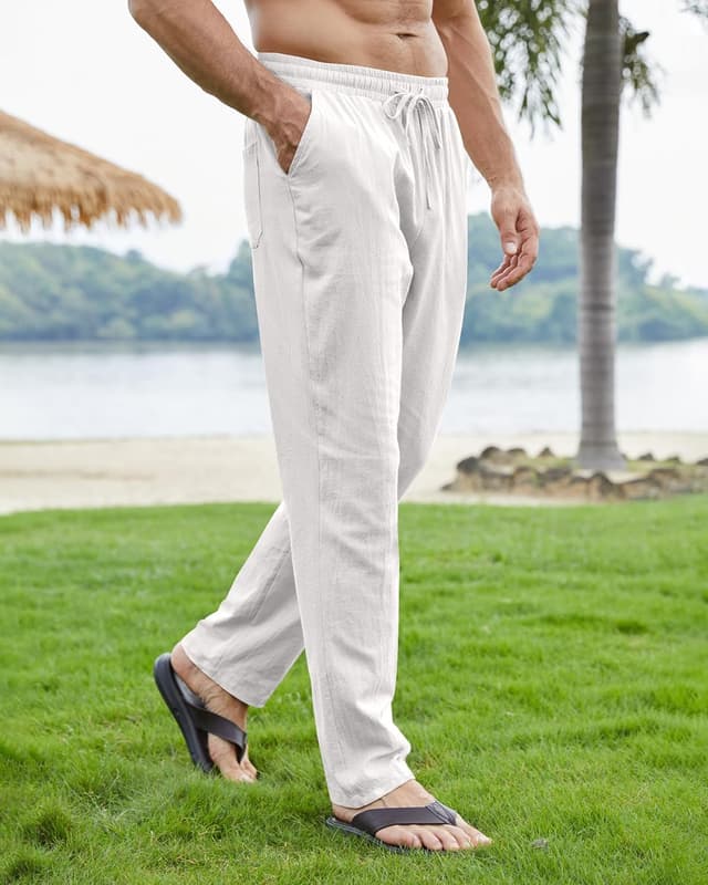Detalle de Pantalon coton lin homme décontracté NANAMEEI – ample, léger pour été, ceinture élastique et cordon