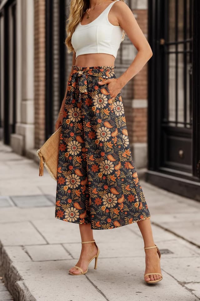 Detalle de IWOLLENCE Women’s Flowy Wide-Leg Pants with High Waist & Adjustable Knot