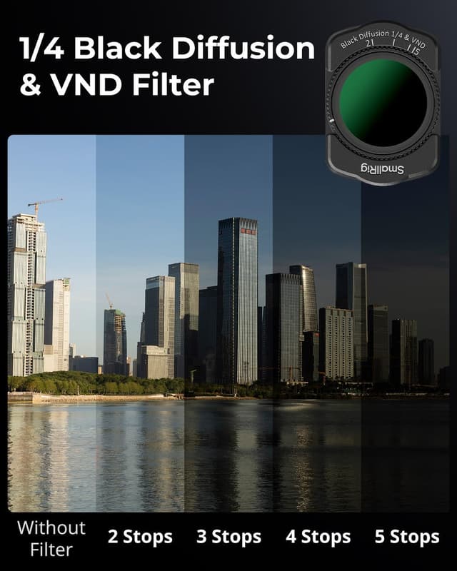 Detalle de SmallRig Ensemble de filtres magnétiques pour DJI Osmo Pocket 3 : diffusion noire 1/4 + ND/CPL, VND, filtre étoile 6 points et protecteur d’écran