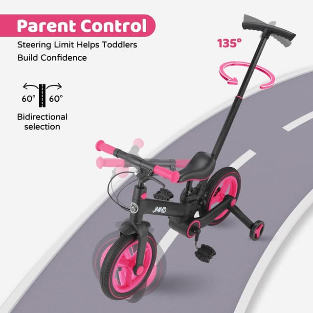 Detalle de JMMD 6-in-1 Toddler Bike (18 Months to 5 Years) w/ Push Handle, Training Wheels, and Hand Brake