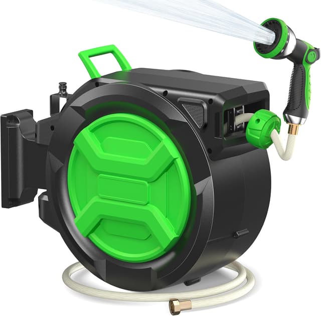 Detalle de Garden Hose Reel 2-in-1 Wall Mounted Portable Auto Rewind Hose Reel with 180° Swivel Bracket, Any Length Lock & 9-Pattern Nozzle (1/2in 30+2m)