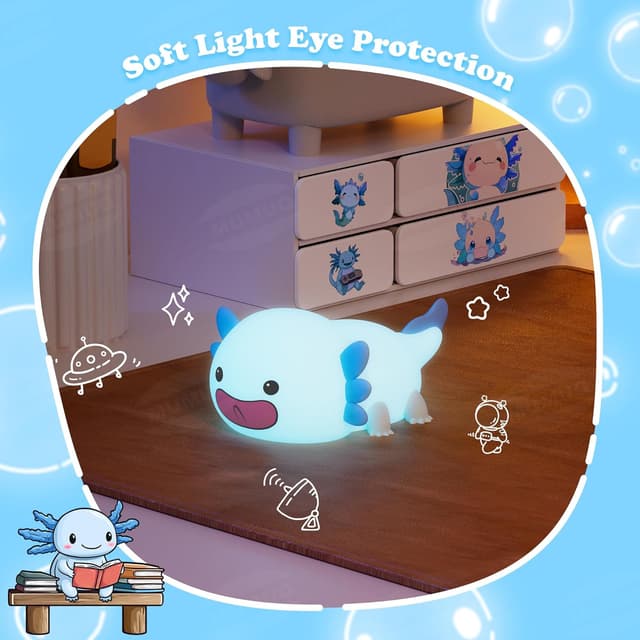 Detalle de MUMUQ Axolotl Kids Night Light – silicone LED touch night lamp with dimmer and 20-minute timer