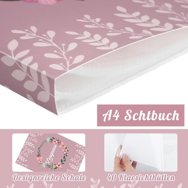 Detalle 2 de Zeugnismappe A4 mit 40 Klarsichthüllen – Dokumentenmappe für Grundschule (Kranzmuster)