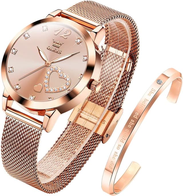 Detalle de OLEVS Damenuhr Roségold Herz Diamant Quarz