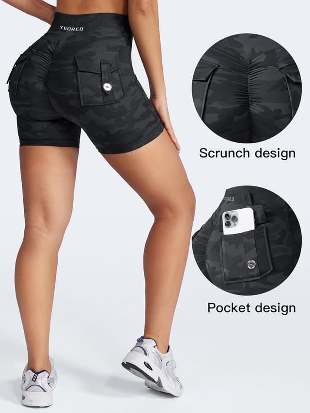 Detalle 2 de YEOREO CoreFlex Scrunch Workout Shorts with Pockets (High-Waisted Biker Shorts)