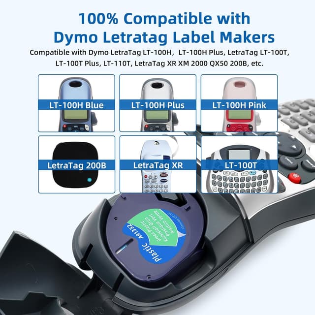 Detalle de 6er-Pack Etikettenband kompatibel mit DYMO LetraTag 12 mm x 4 m (UV-beständig, wasserfest) – bunt: Schwarz auf Klar/Weiß/Rot/Gelb/Blau/Grün