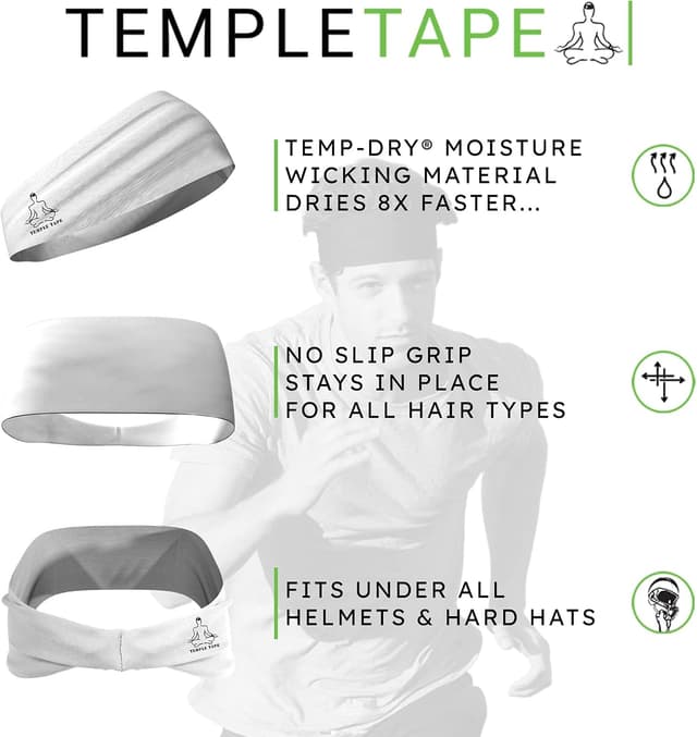 Detalle de Temple Tape sweatbands (Temp Dry Technology) — stretch, breathable, non-slip headbands for running and workouts