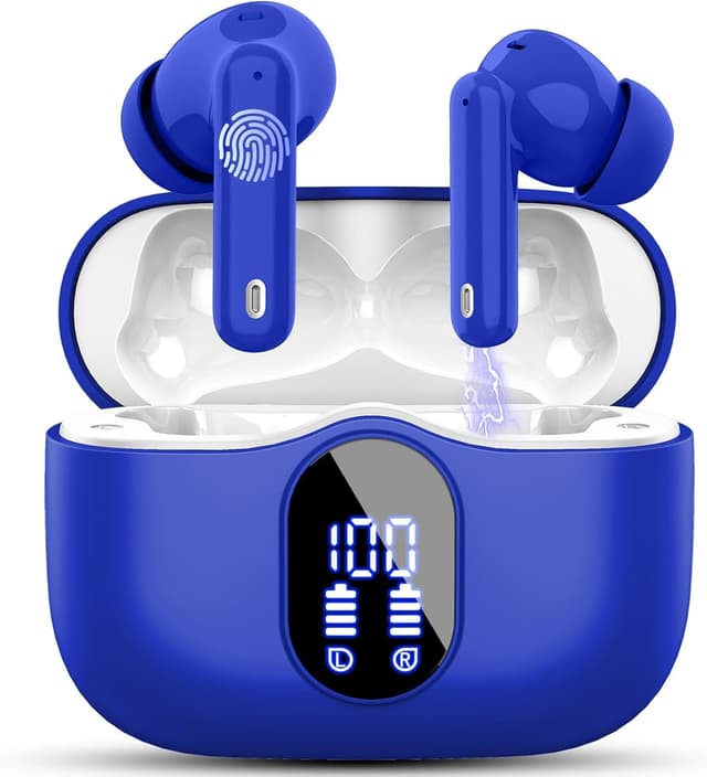 Detalle de Btootos Wireless Earbuds (Bluetooth 5.4) with 4-Mic ENC, Noise Cancelling Bass & LED Display, Blue
