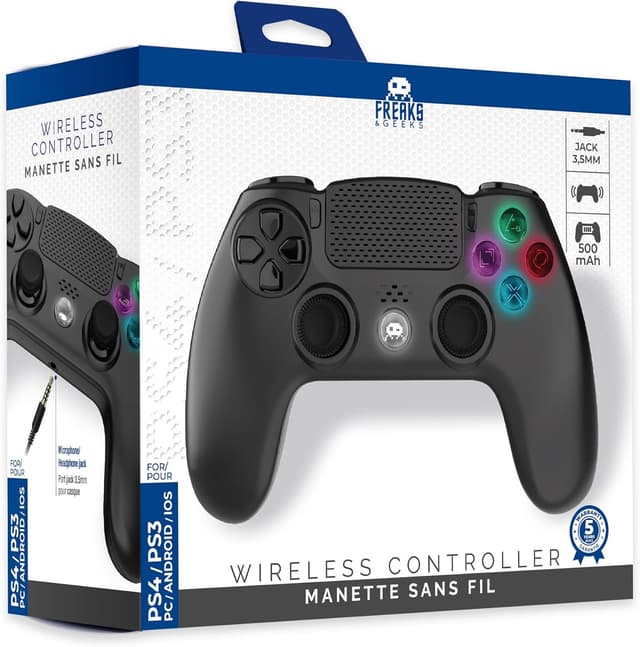 Detalle de Freaks and Geeks Manette sans fil noire pour PS4 avec prise jack et boutons lumineux