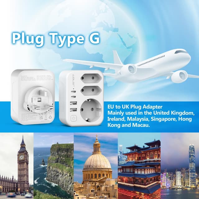 Detalle de JSVER Adaptateur de voyage France/Europe vers Royaume-Uni (Type G) – 2 USB-A + 2 USB-C