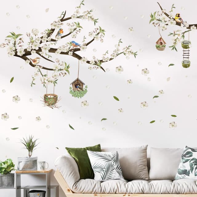 Detalle de HPNIUB Flower Tree Branch Birds Wall Stickers (White floral wall art) 84 x 30cm