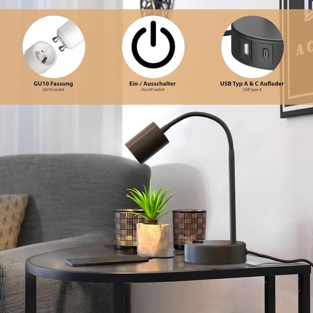 Detalle 2 de ledscom.de Lampada da tavolo WAIKA nera con LED GU10, USB-A e USB-C