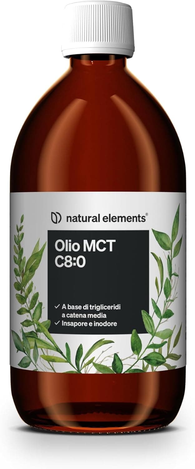 Detalle de Natural Elements Olio MCT 500 ml con acido caprilico C8 (da olio di cocco), insapore e inodore, vegano