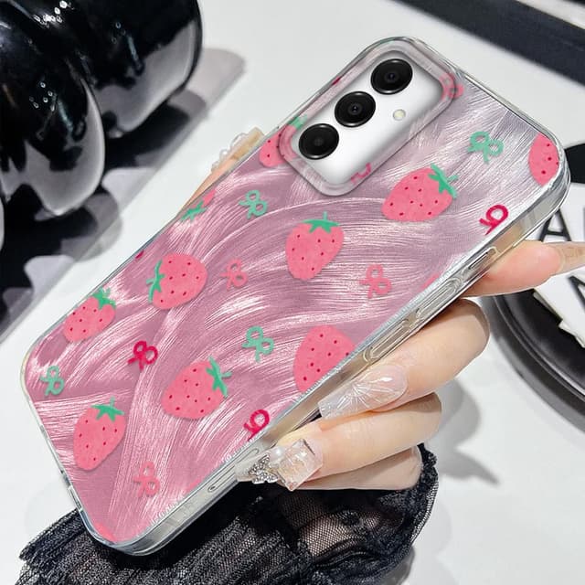 Detalle de Tedyhulle Hülle für Samsung Galaxy A15 4G/5G mit rosa Erdbeer-Schleife – dünne TPU/PC Schutzhülle