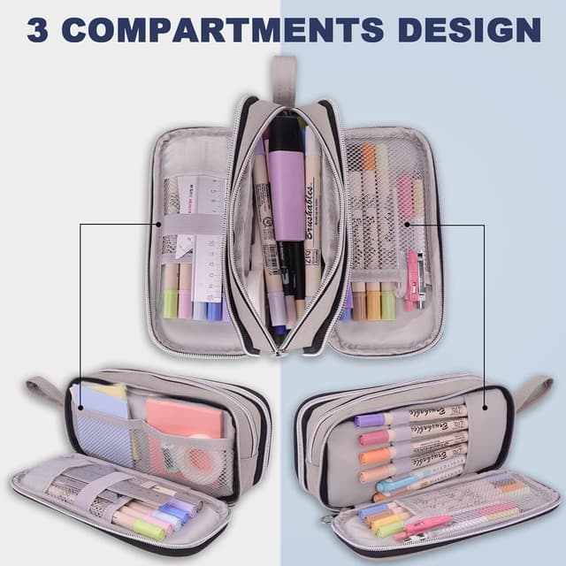 Detalle 2 de COLOCASTLE Federmäppchen großes Mäppchen mit 3 Fächern (Grau) – Platz für Stifte & Zubehör bis zum Schulalltag