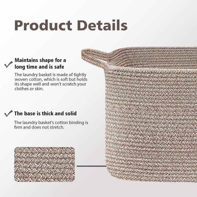 Detalle de Large Foldable Woven Cotton Laundry Basket with Handles (55 × 38 × 30cm) – Brown
